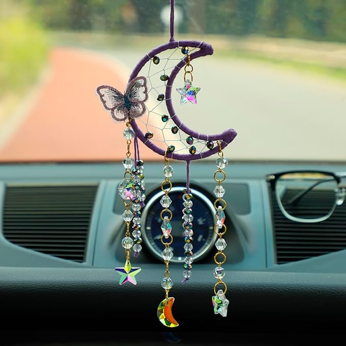 Artilady Dream Catcher for Girls - Purple Butterfly Small Moon Dream Catchers with Crystals Cute Room Decor for Teen Girls Boys Boho Bedroom Wall Home Decorations Birthday