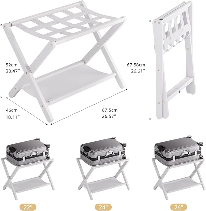 HITNET White Luggage Rack, Folding Suitcase Stand, Bamboo Luggage Holder with Storage for Guest Room Bedroom Hotel