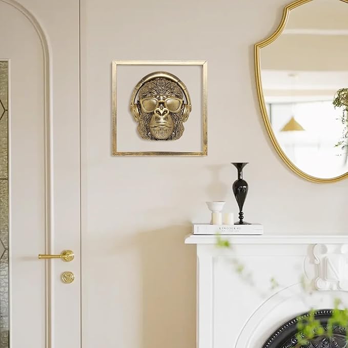 Newinhome Animal Heads Wall Decor (Includes Metal Frame) Resin Animals Sculptures Head Wall Hanging Decoration Gold vintage Wall Sculpture for Living Room Bedroom Office (Gorilla)