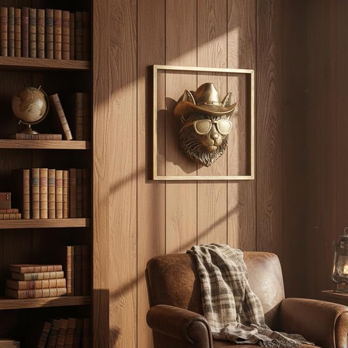 Newinhome Animal Heads Wall Decor (Includes Metal Frame) Resin Animals Sculptures Head Wall Hanging Decoration Gold vintage Wall Sculpture for Living Room Bedroom Office(Bobcat)
