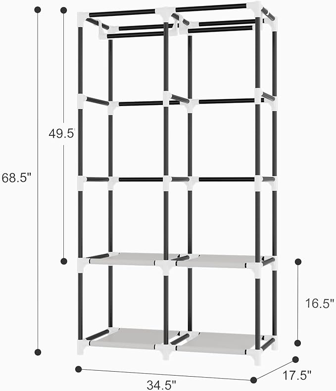Portable Closet for Hanging Clothes, Portable Wardrobe Closet with Cover, 4 Storage Shelves, 2 Hanging Rods and 8 Side Pockets, Easy Assembly and Sturdy Free Standing Closet for Bedroom, Grey