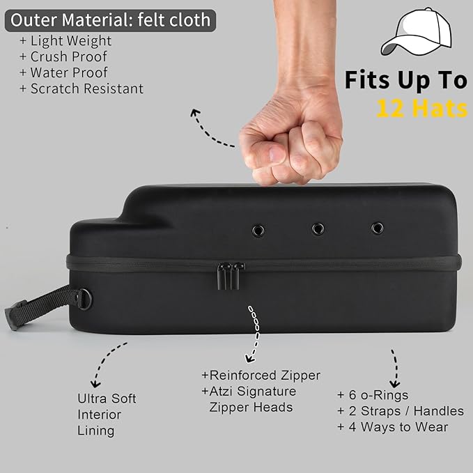 Hard baseball hat case, Hat Carrier Travel Case with Adjustable Shoulder Strap, Hat cap case for 12 Baseball Caps - Perfect for Traveling & At-Home Storage (Black with Grey)