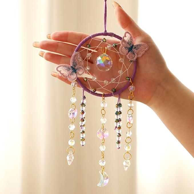 Artilady Dream Catcher for Girls - Purple Butterfly Small Dream Catchers with Crystals Cute Room Decor for Teen Girls Boys Boho Bedroom Wall Home Decorations Birthday Christmas Kids Baby Gifts