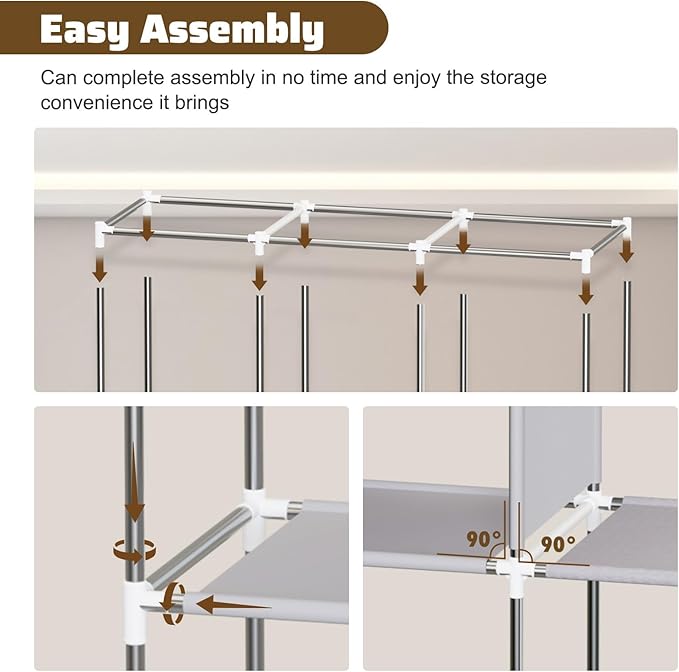 Portable Closet, Portable Closets for Hanging Clothes with 3 Hanging Rods and 6 Storage Shelves, Non-Woven Fabric Cover, Black Wardrobe Closet Easy to Assemble and Strong and Stable
