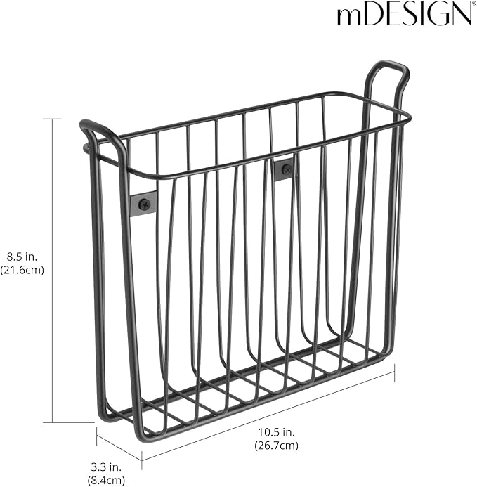 mDesign Metal Wall Mount Decorative Magazine Rack Organizer Bin Holder, Basket for Living Room, Bathroom, Bedroom, Home Office - Holds Books, Newspapers, Tablets - Concerto Collection - Black