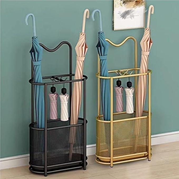 Metal Umbrella Holder, Umbrella Rack with Non-slip Pads, Umbrella Stands with Hook, Freestanding Umbrella Basket for Entryway, Living Room(Gold)