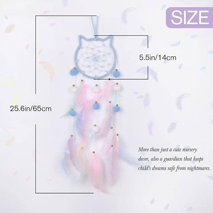 Pretty Jolly Blue Cat Kids Dream Catcher Wall Decor Pompom Feather Baby Dreamcatcher Handmade Children Dream Catcher Home Décor Wall Hanging for Nursery Bedroom Boys Girls Birthday Gift-25.6in
