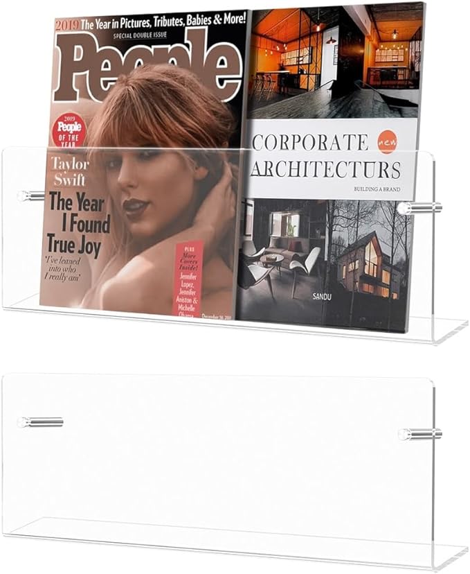 Kalakey 2 Pack Acrylic Magazine Holder Wall Mount, Clear Vinyl Records Holder Wall Magazine Rack for Books, Comics, Wall-Mounted Display Shelf