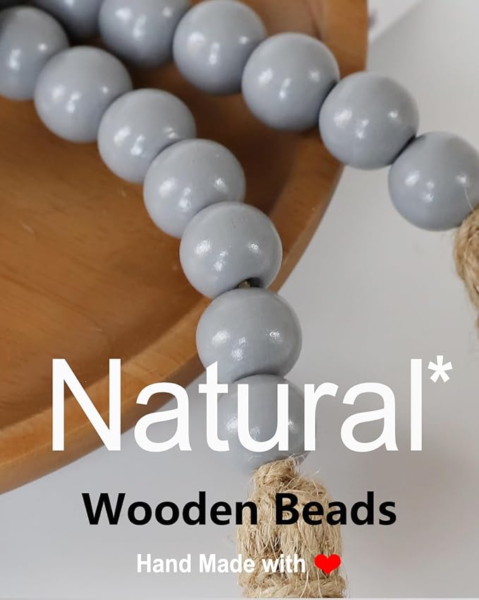 Boho Decor Wood Beads Garland Farmhouse Wall Hanging Decorations Natural Wooden Bead Tassel Decorative for Coffee Table Christmas and Prayer (Gray, 39")