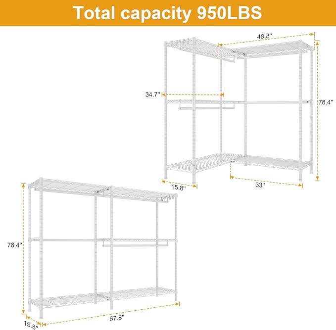 E15 Pro Garment Rack L Shaped Clothes Rack for Corner，Freestanding Clothing Racks for Hanging Clothes，Heavy Duty Closet System with 4 Hanging Rods & 8 S Hooks，48.8"W x 15.8"D x 78.4"H，White