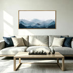 Blue Framed Mountain Landscape Wall Art Fog Mountain Painting Wall Decor Minimalist Blue Artwork Blue Mountains Wall Paintings Simple Landscape Wall Pictures for Bedroom Living Room Office Home Decor 20x40 Inch