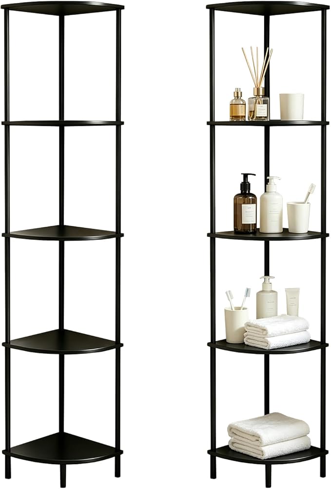 5-Tier Corner Shelf Stand,Tall Narrow Bookshelf for Small Spaces,Rustic Wood & Metal Storage Shelf,Display Plant Stand with Anti-Tip Straps for Bedroom,Living Room,Bathroom,Black