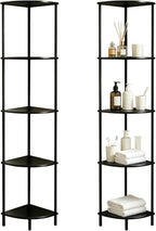 5-Tier Corner Shelf Stand,Tall Narrow Bookshelf for Small Spaces,Rustic Wood & Metal Storage Shelf,Display Plant Stand with Anti-Tip Straps for Bedroom,Living Room,Bathroom,Black