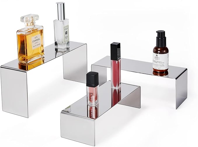 Purse Display Stand, 3 Silver Risers Display Stands Stainless Steel, Heavy Duty Countertop Shoes Stand Handbag Holder Risers for Home Boutique Retail Store Vendor Display Bags Perfume Jewelry (RCS 50% Recycled Post-consumer Metal)