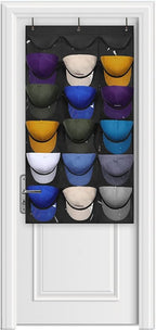 Dofilachy Hat Rack - Hat Organizer - Hat Racks for Baseball Caps, Visible Hat Holder - Baseball Hat Rack for Wall Door with 3 Hooks, 18 Deep Pockets(Black, medium)