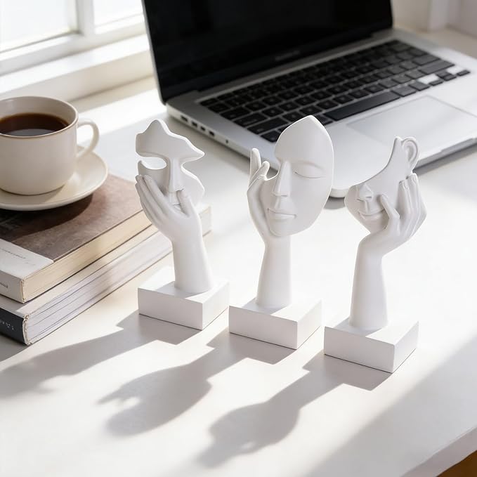 3 Pcs Thinker Small Statue Set - White Art Abstract Home Accent Figurines for Decor Woman Apartment Bookshelf Floating Shelf Coffee Table Office Desk Bathroom Counter Decor (3 Pcs White, 6")