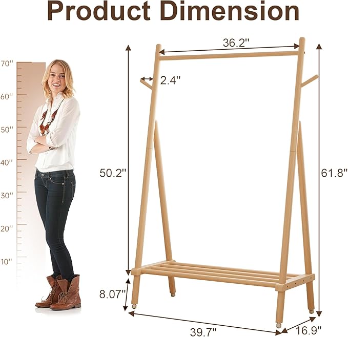 Solid Wood Clothing Rack, Rolling Clothes Rack for Hanging Clothes, Garment Rack with Shelves Load 350 Lbs, Portable Closet Organizer on Wheels for Hanging Clothes (Natural)