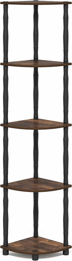 Furinno Turn-N-Tube Storage Shelves, 5-Tier Corner Book Shelf, Standing Corner Shelf, Toolless Open Shelves, Classic Tubes, for Organization and Storage, Living Room, Home Office, Amber Pine