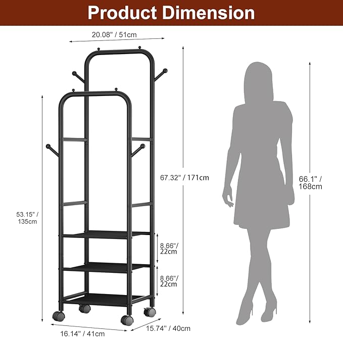 Furologee Clothing Racks for Hanging Clothes, Portable Rolling Garment Rack, Sturdy Metal Freestanding Clothes Rack with Wheels, Double Rods Wardrobe Racks for Bedroom Laundry Living Room