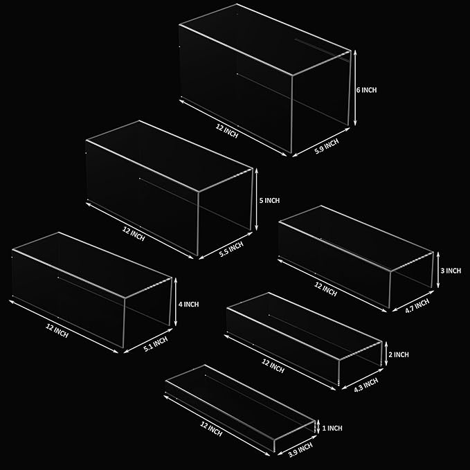 Sezanrpt Rectangular Acrylic Display Risers 6pcs, Clear Display Storage Stands, Acrylic Display for Funko Pop Figure, Desserts, Cupcake, Toys, Collectibles, Merchandises- 12-1'', 2'', 3'', 4'', 5'', 6''