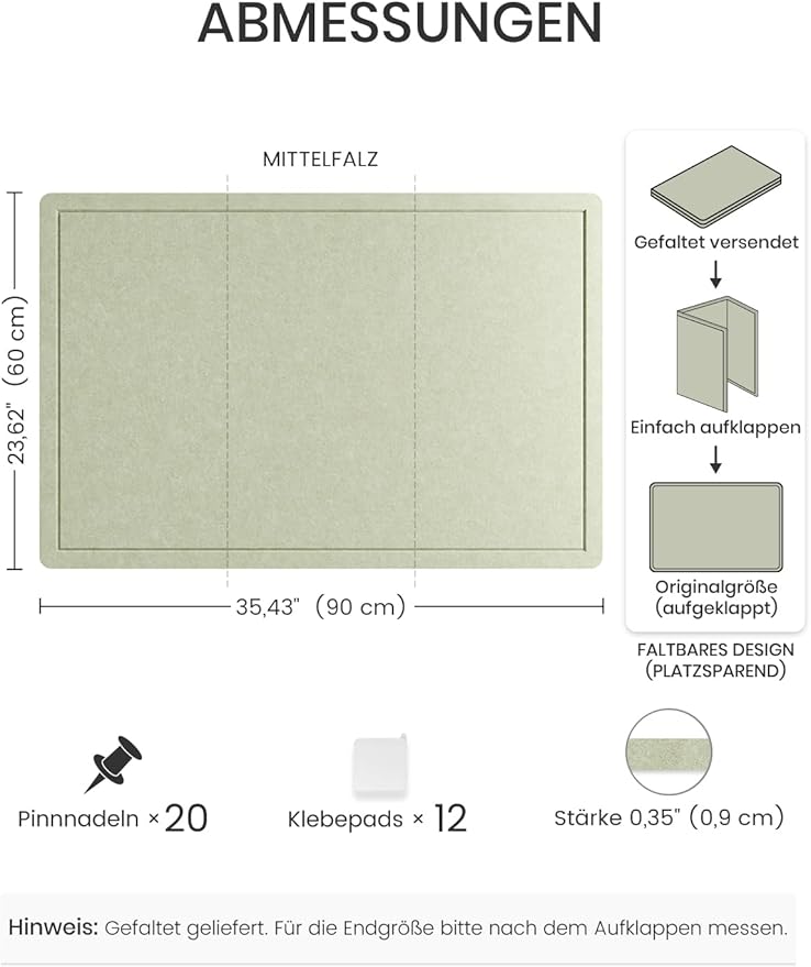Fluxynara Bulletin Board, 35.4" x 23.6" Cork Board Alternative with 12 Safe Removable Adhesive Tabs, Foldable Felt Pin Board for Home Office, Classroom, Bedroom,Entryway for Walls—Sage
