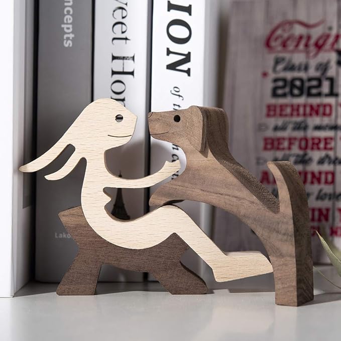 ISHINE Handmade Wooden Statue, Sitting Woman and Dog, Wood Decor Accents Craft Figurine for Bedroom Home Office Shelf Decor Gift Natural ECO Friendly