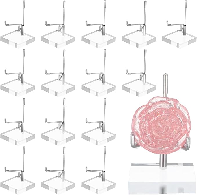 16Pcs Adjustable Metal Arm Display Stand with Acrylic Base Display,Easel Holder for Rock Mineral Agate Fossil Coral Crystal Geodes Picture Decorative(Silver,1.96x1.96x3.22In)
