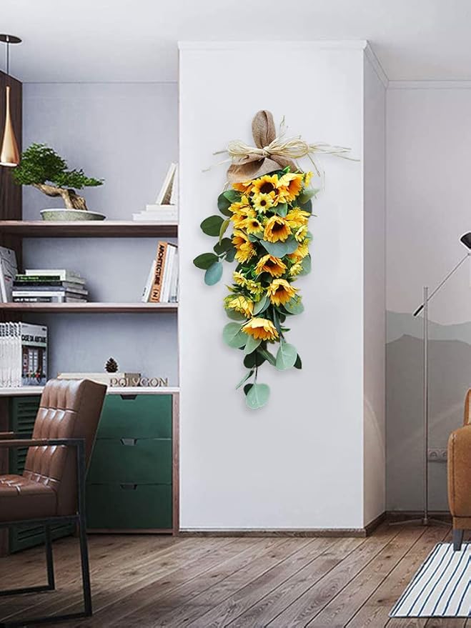 Artificial Sunflower Teardrop Swag, Spring Sunflower Swag, Summer Teardrop Wreath, Sunflower Flowers Wall Hanging, Artificial Eucalyptus Teardrop Swag for Front Door Home Party Wedding Decor(#1)
