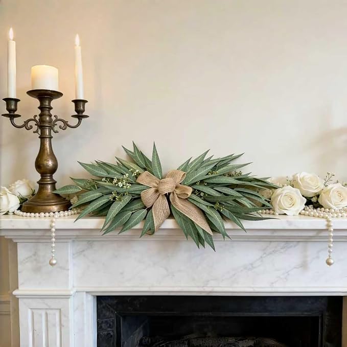 24 Inch Artificial Eucalyptus Greenery Swag with Rustic Linen Bow, Farmhouse Mantel & Wall Decor for Spring, Summer and Year-Round Home or Wedding Decoration（2pcs