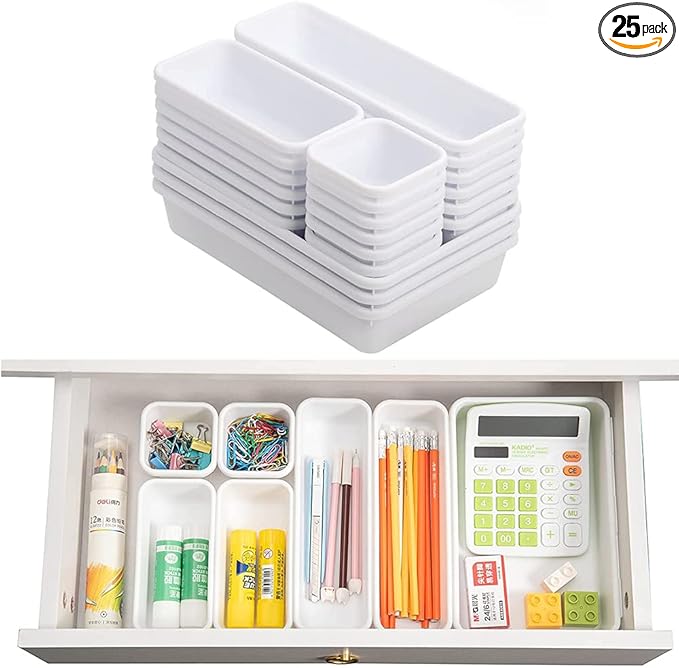 BOPART 25pcs Drawer Organizer Trays for Makeup Jewelries or Gadgets Storage Bins Interlocking for Office, Bedroom Dresser, Bathroom Vanity, Kitchen Junk Drawers Organization - White
