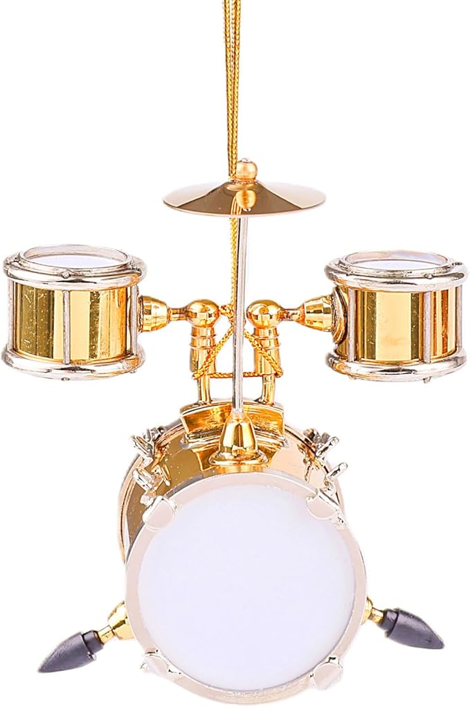2.99" String Miniature Drum Set Hanging Ornament Brass Mini Musical Instrument Replica Music Birthday Gifts Holiday Tree Home Decoration Display Ornament Model (2.99", Drum)