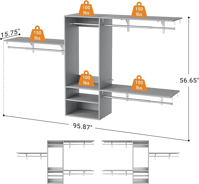 8FT Hanging Closet System, 96 Inch Closet Organizer System with Hanging Rod, Walk In Mounted Closet System, Built-In Clothes Garment Rack with 3 Shelving Towers(Can Be Cut To Fit), Grey