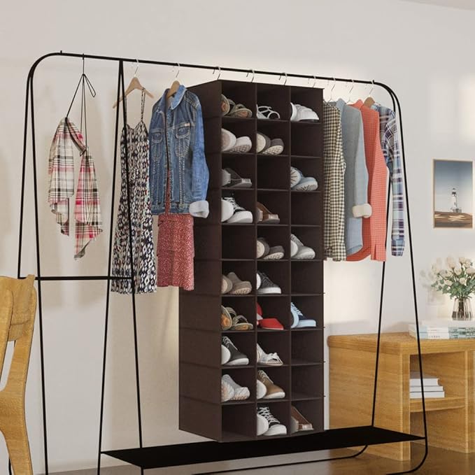 coastal rose Hanging Shoe Closet Organizer, 30 Sections Hanging Closet Organizers and Storage Shelves, Space Saving Shoe Rack Holder Hanger, Coffee