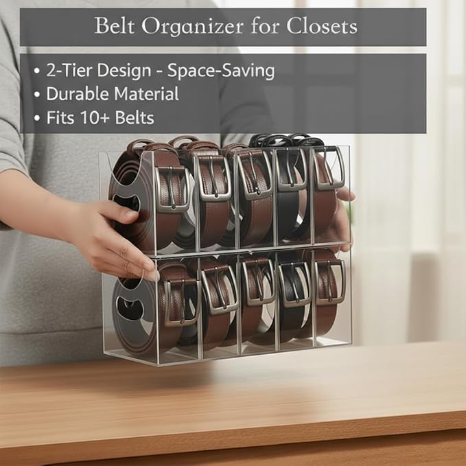 Belt Organizer 2pack,Acrylic Belt Organizer for Closet with Removable Dividers - 5 Compartments & Handles Drawer organization and storage for Purse,underwear, Socks, and Ties (2)