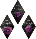 ONIZHITY 3-Piece Purple & Black Wall Decor - Rose Wooden Art with Positive Quotes for Bedroom, Bathroom & Wedding (12 x 7)