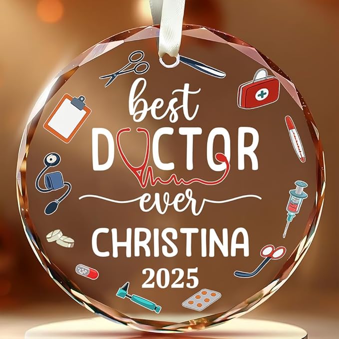BSQUIELE Personalized Best Doctor Ever Glass Ornament 2025 - Dr, PhD, EDD Ornaments - Gift for Men Women Surgeon - Appreciation Xmas Tree Hanging Decoration for Medical Professionals