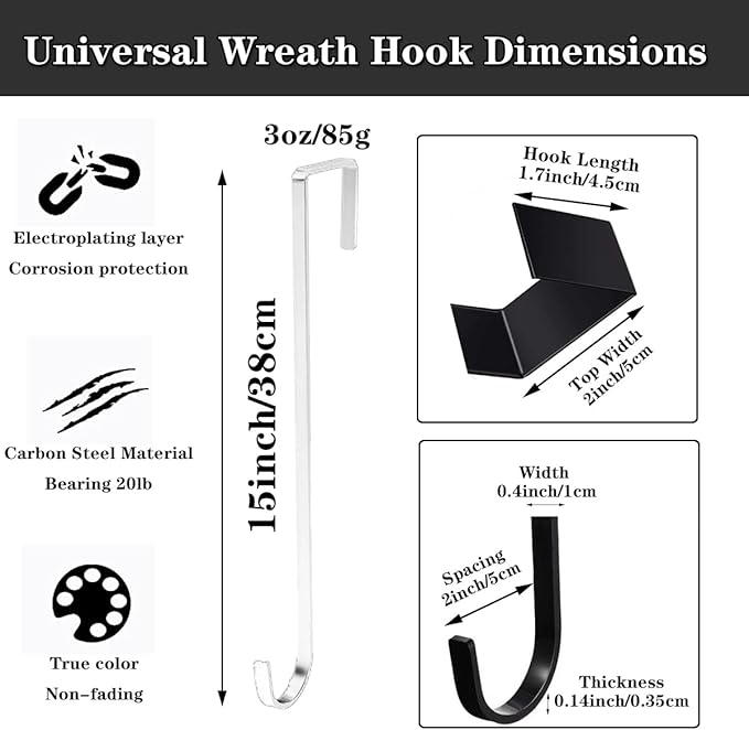 2 PCS Wreath Hangers for Front Door, 15" Wreath Hanger, Indoor or Outdoor Over The Door Wreath Hook Hanger for Easter Spring Halloween Xmas Wreath Decorations, Steel Material, 20lb Load Bearing（White）