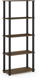 Furinno TURN-S-TUBE Book Shelf, 5-Tier Toolless Storage Shelves with Square Tubes, Shelving Unit for Organization and Storage for Living Room, Home Office, Columbia Walnut