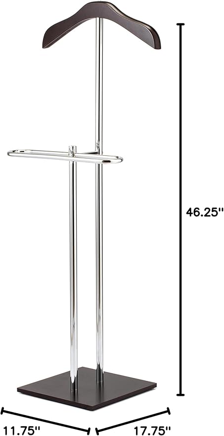 MyGift Brown Wood and Metal Valet and Suit Stand, Executive Men's Garment Organizer Rack Coat and Pants Hanger