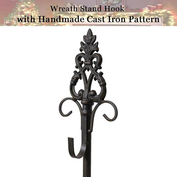 Wreath Stands for Display, Retro Black Standing Wreath Holder, Wrought Iron Wreath Hanger Stand, Wreath Holder Stand with Fleur-De-Lis Top, Floor and Tabletop Christmas Wreath Stands for Porch, New Year Wreath, Party Decor