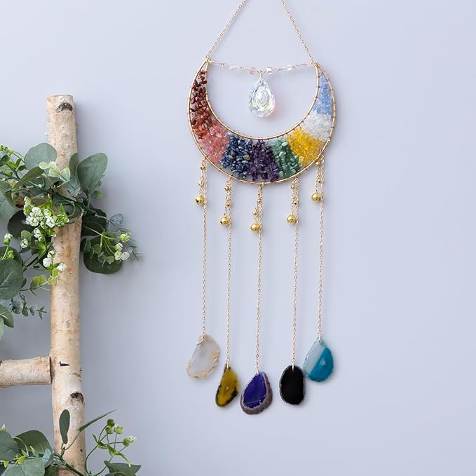 Crystal Stone Agate Ornament Natural Gem Tree of Life Moon Dream Catchers with Crystal 7 Chakra Gemstone Rainbow Catchers Color Natural Gem Agate Wall Hangings Room Dreamcatcher Decor (Multicolor)