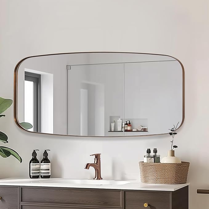 ANDY STAR Brushed Bronze Bathroom Mirror, 24x48 Oblong Mirror with Stainless Steel Metal Frame, Oval Vanity Mirror for Over Sink, Modern Anti Rust Wall Mounted