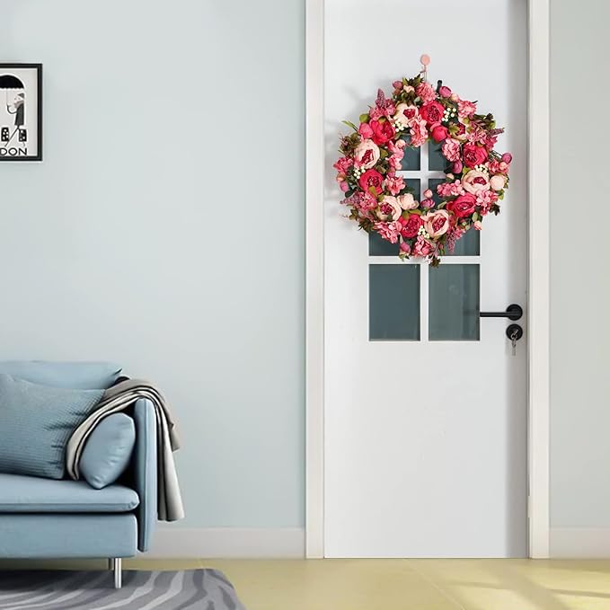 Peony Wreaths for Front Door | 23 inch Spring Front Door Wreath Summer Fall Wreaths for Outside Door or Window Decor
