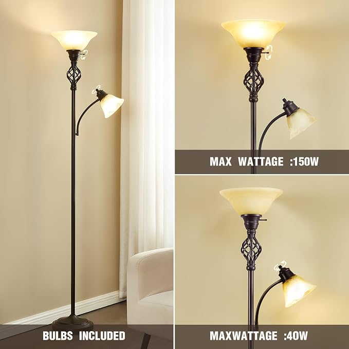 GyroVu Torchiere Floor Lamp for Living Room, LED Standing Reading Light for Bedroom with Glass Shade for Living Room Corner Bedroom Home Office,Bulbs Included (Yellow Lampshade, Glass 2 Head)