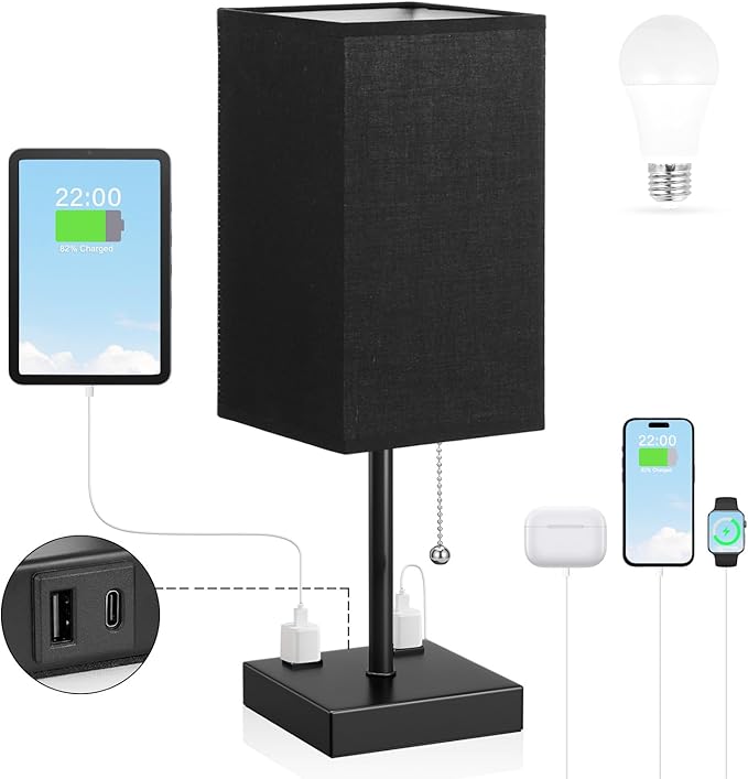 Black Medium Table Lamp with USB Ports - 3 Color Temperature Bedside Lamp for Bedroom, Pull Chain Control, USB A and C Ports, 2 AC Outlets, Bulb Included