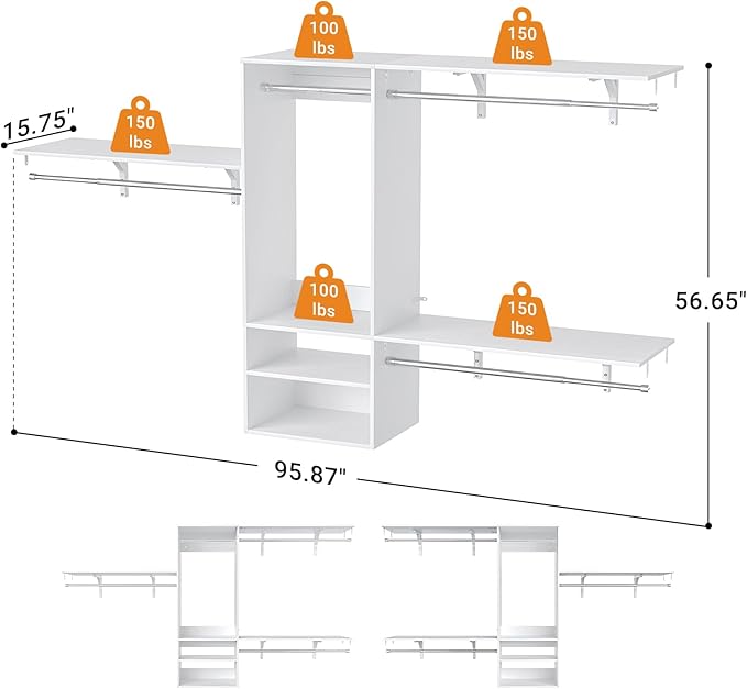 8FT Hanging Closet System, 96 Inch Closet Organizer System with Hanging Rod, Walk In Mounted Closet System, Built-In Clothes Garment Rack with 3 Shelving Towers(Can Be Cut To Fit), White