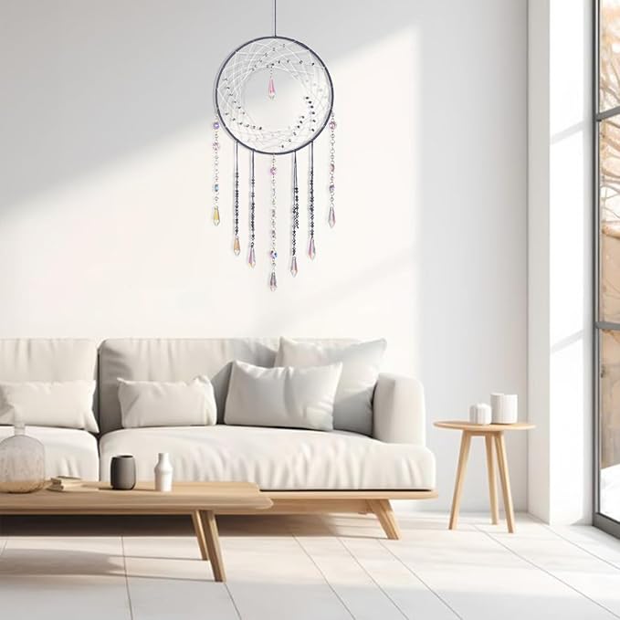 Artilady Dream Catchers with Crystals - Large Grey Boho Moon Dream Catcher Wall Decor House Decorations for Home Girls Kids Baby Bedroom Room Decor Christmas Birthday Teen Girl Boys Gifts