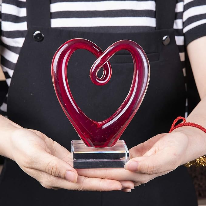 QFkris 5'' Tall Art Glass Red Heart Sculpture Centerpiece Party Home Decoration Glass Art Style Red Abstract Table Decor