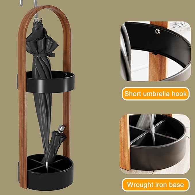Metal Round Umbrella Stand Rack with Water Collection Tray, Solid Wood Umbrella Holder with Multiple Hooks, Canes Storage Stand Rack for Office, Home, Entryway(Black)