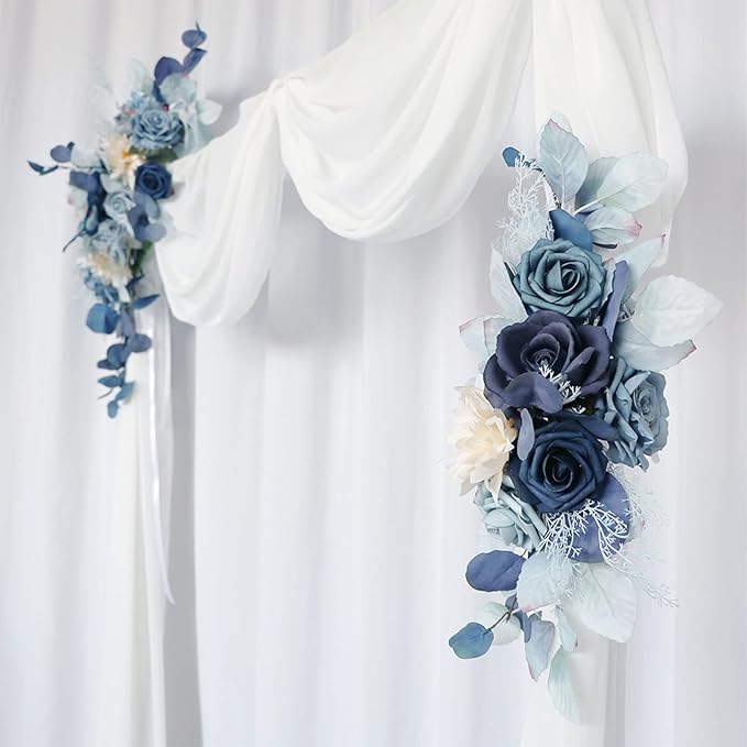 Blue Wedding Arch Flowers Set of 2, Artificial Flower Swag Floral Dusty Decor, Rustic Eucalyptus Greenery for Ceremony Sign Chair, S: 50 x 20cm, L: 70 50cm
